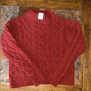 Poof Apparel. Deep Red Cable Knit Turtleneck Sweater